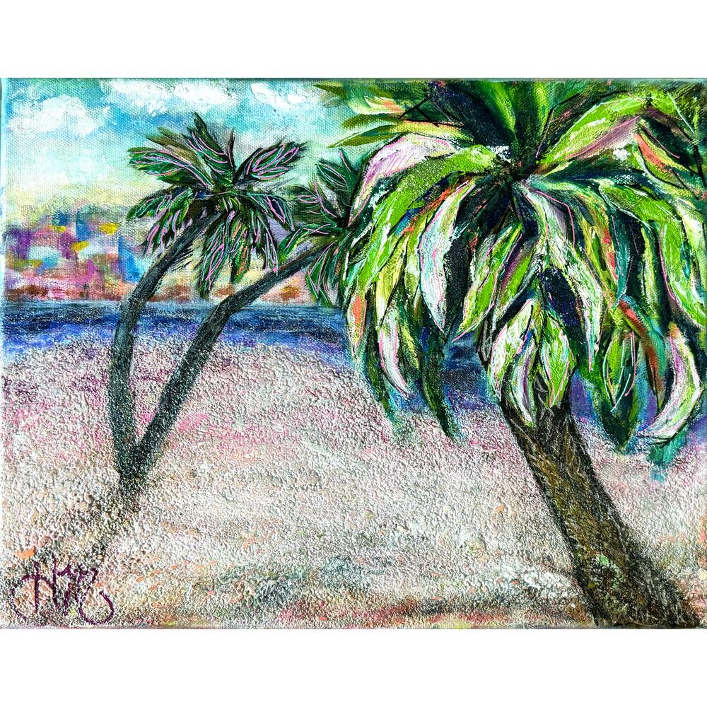 Mixed Media Palm Tree Beach Sparkle Painting on Canvas